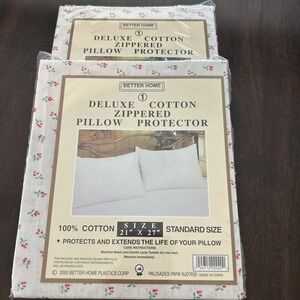 2 Vintage Red Floral Pillow Protector Zippered  Standard Size  100% Cotton